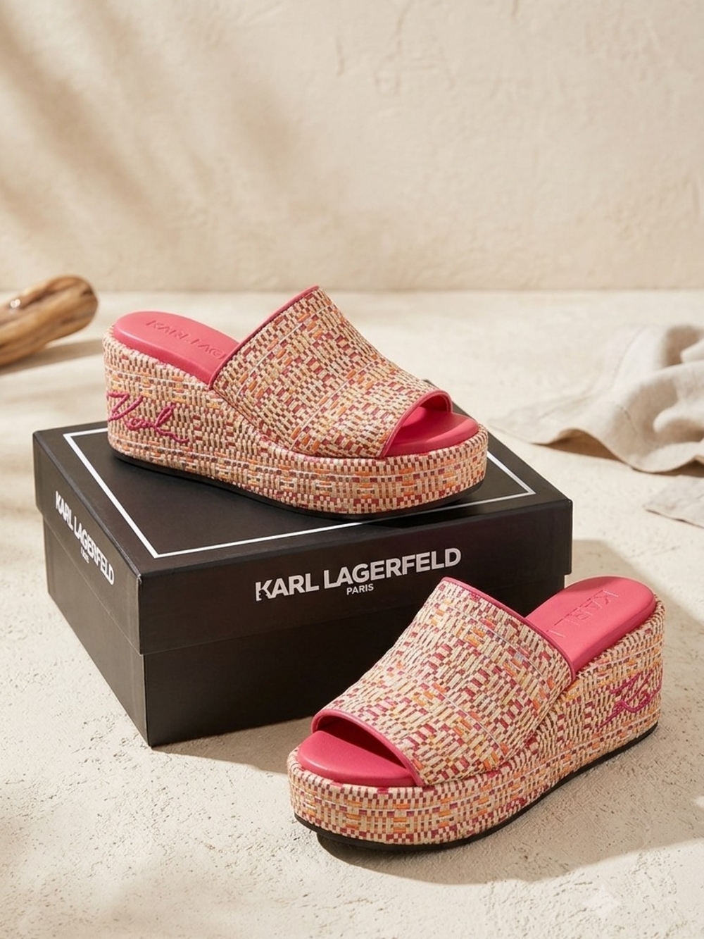 Karl Lagerfeld Pink Multicolor Woven Platform Mules